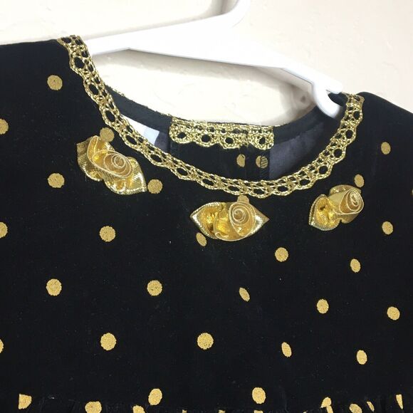 Vintage Jo Lene Black Gold Polkadot Velvet High Waist Dress Girls Size 4T - Picture 3 of 8